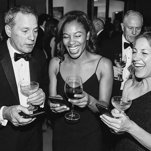 Charity gala attendees in formal attire looking at smartphones and laughing