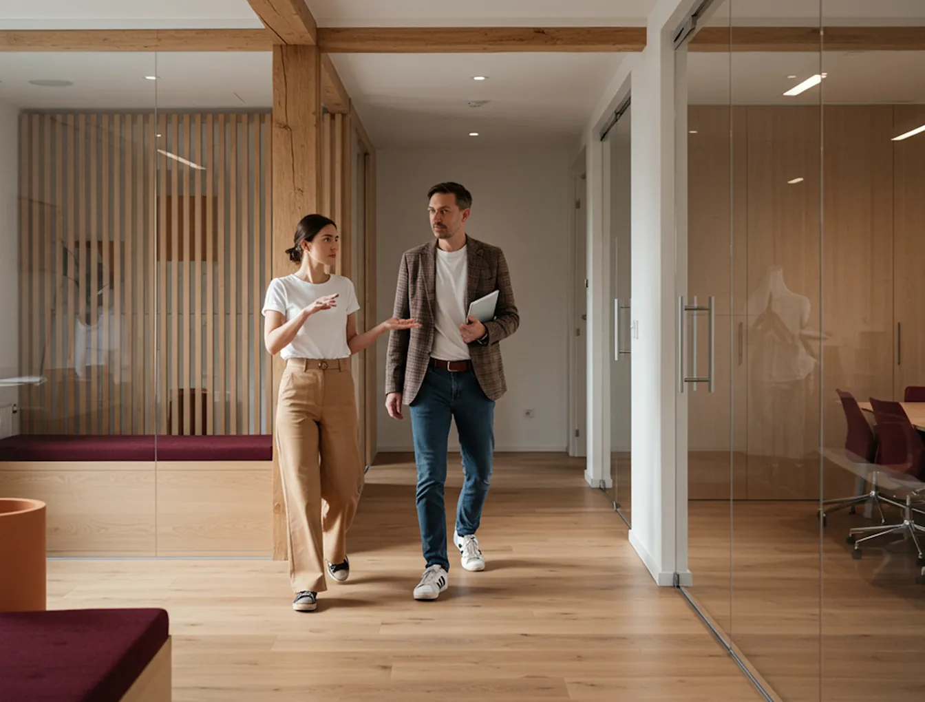 People walking through a bright hallway with wooden floor and neutral decor