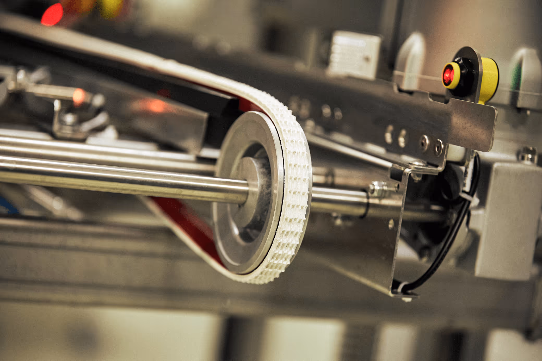 Close-up of a white toothed conveyor belt mounted on metal rollers within industrial machinery.