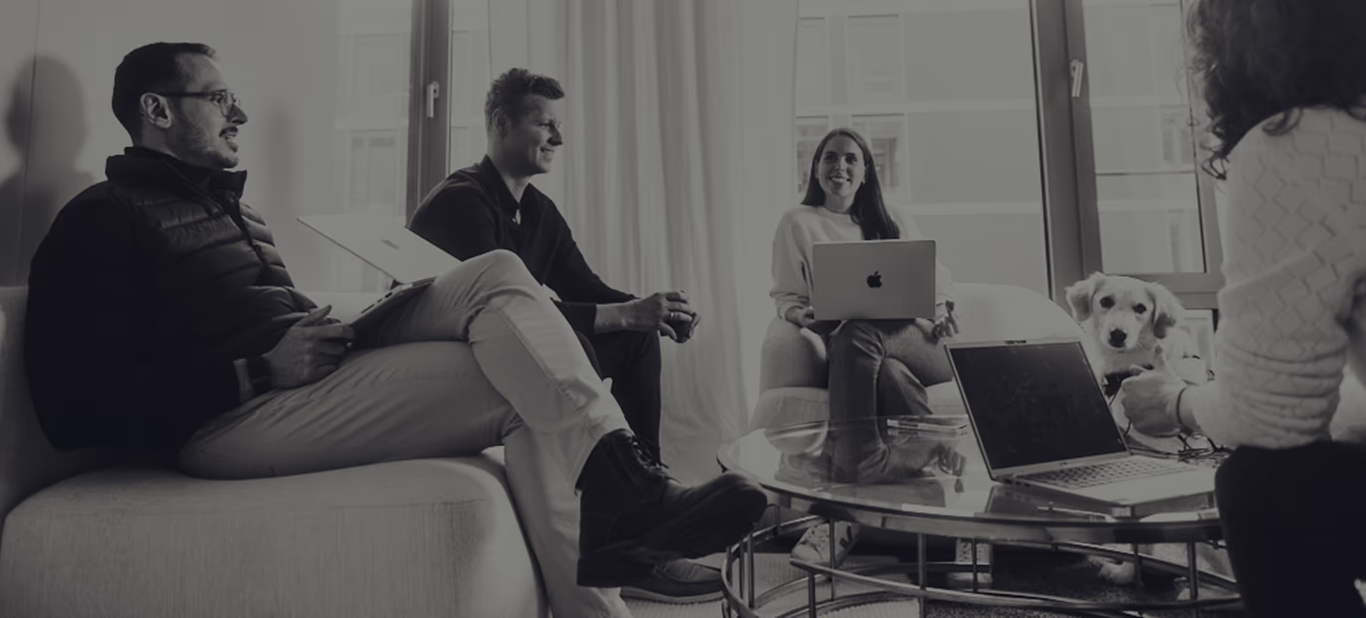 Four people sitting and having a discussion in a bright room with laptops, and a dog sitting near the window.