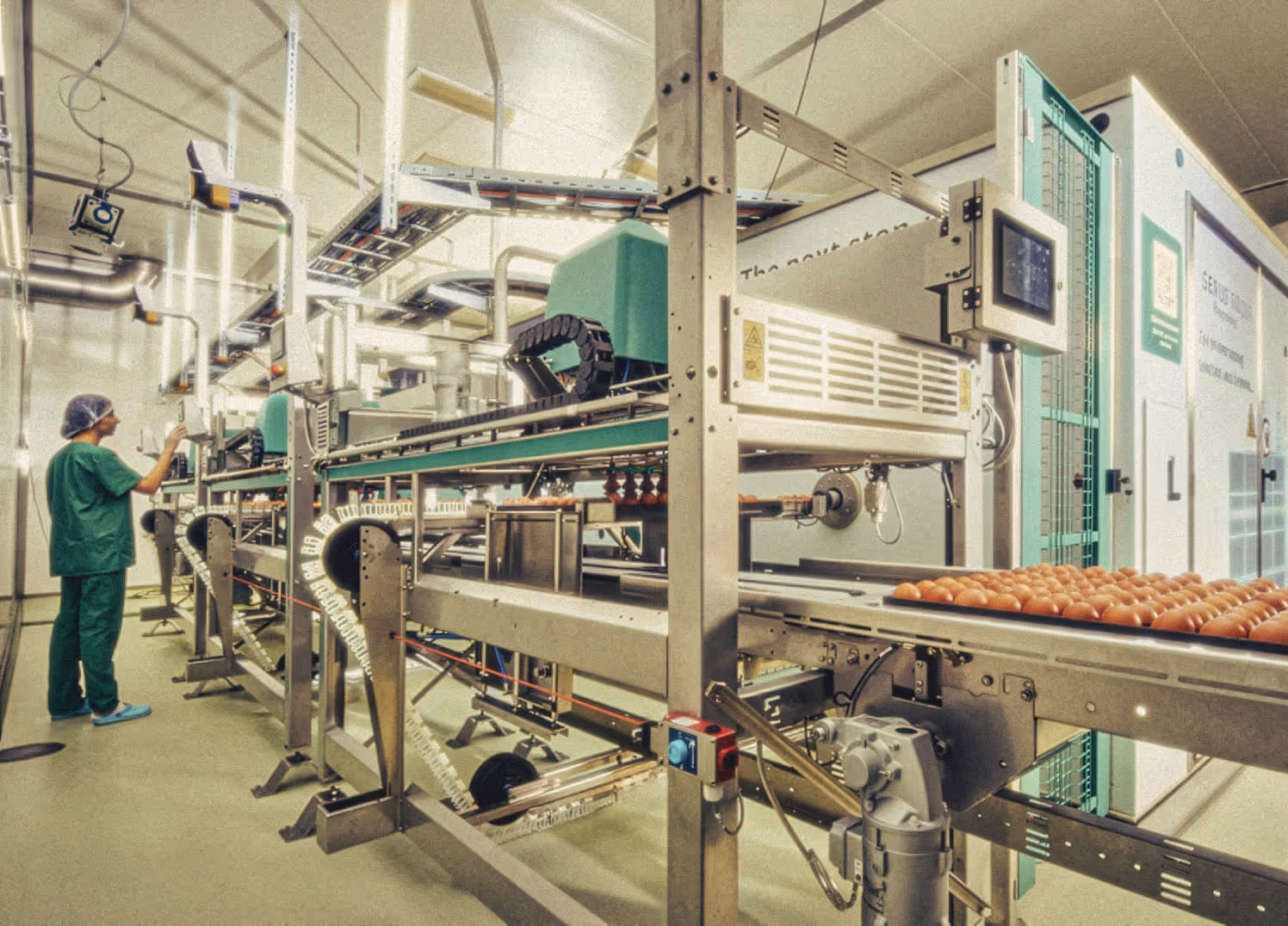 Worker in green scrubs monitoring an automated conveyor system transporting eggs in a clean factory setting.