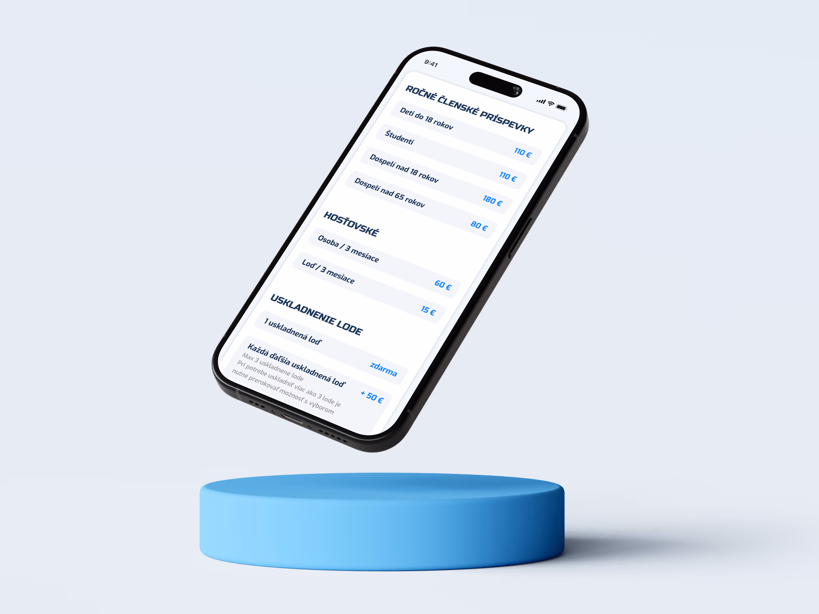 Mobilný telefón zobrazuje cenník ročných členských príspevkov, hosťovských poplatkov a uskladnenia lodí v slovenčine.