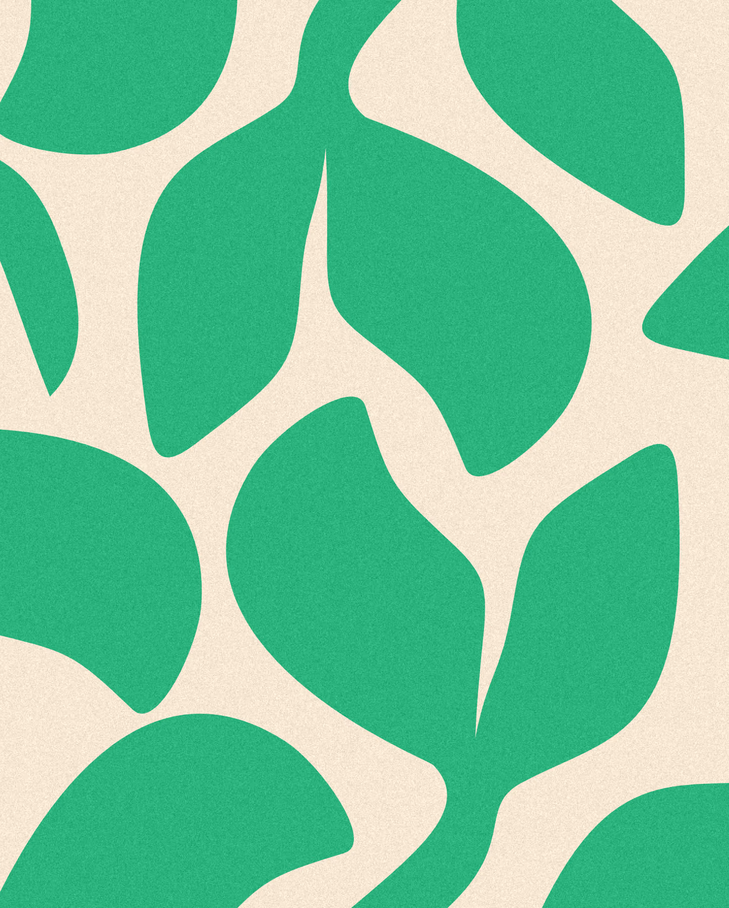 Abstract green leaf shapes on a beige background forming a stylized pattern.