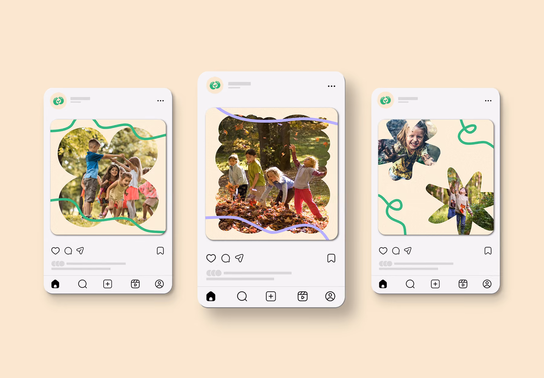 Three social media posts showing children playing outdoors in fall leaves and nature.