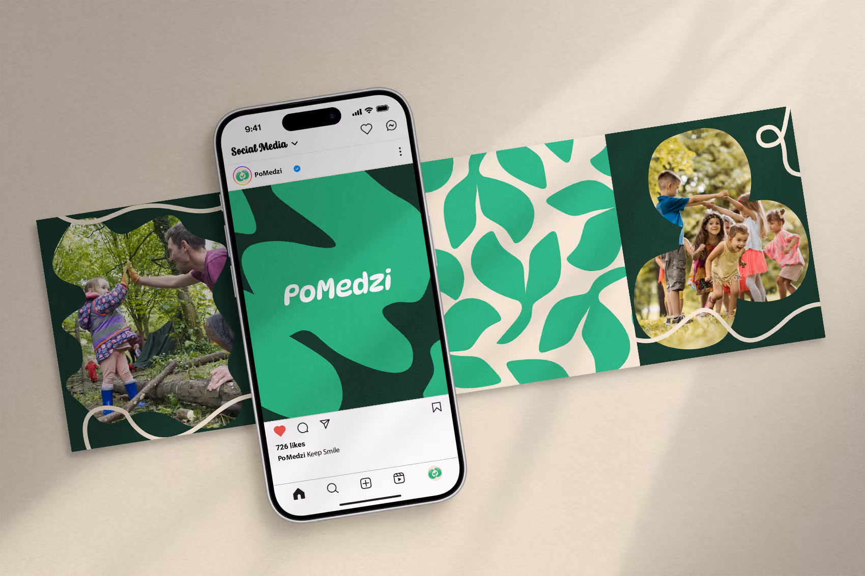 Phone showing PoMedzi Instagram post with children playing outdoors and abstract green leaf patterns.