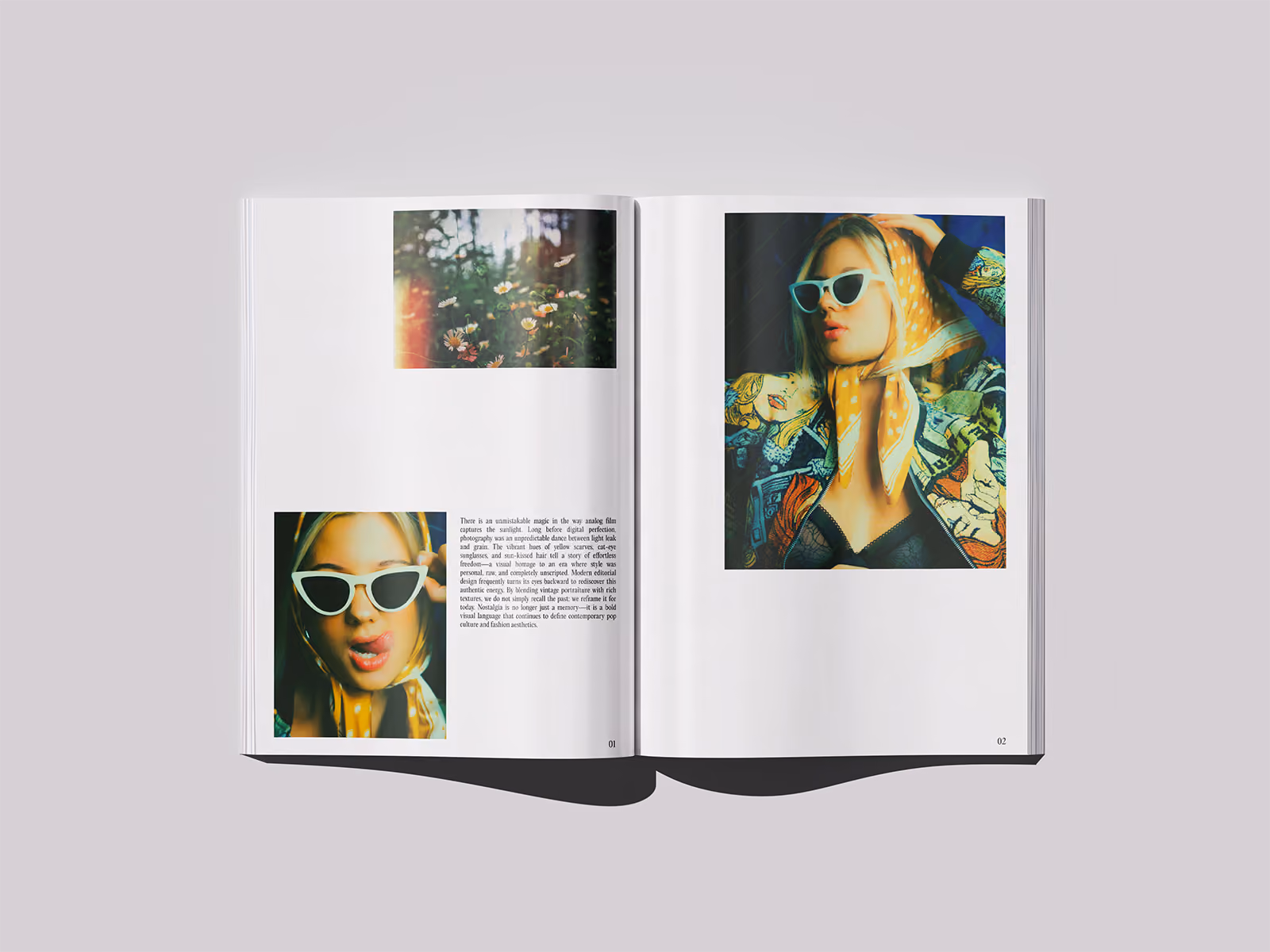 Open magazine showing a fashion spread with photos of a woman wearing white sunglasses and a patterned headscarf, alongside a close-up of flowers in sunlight and a block of text on the left page.