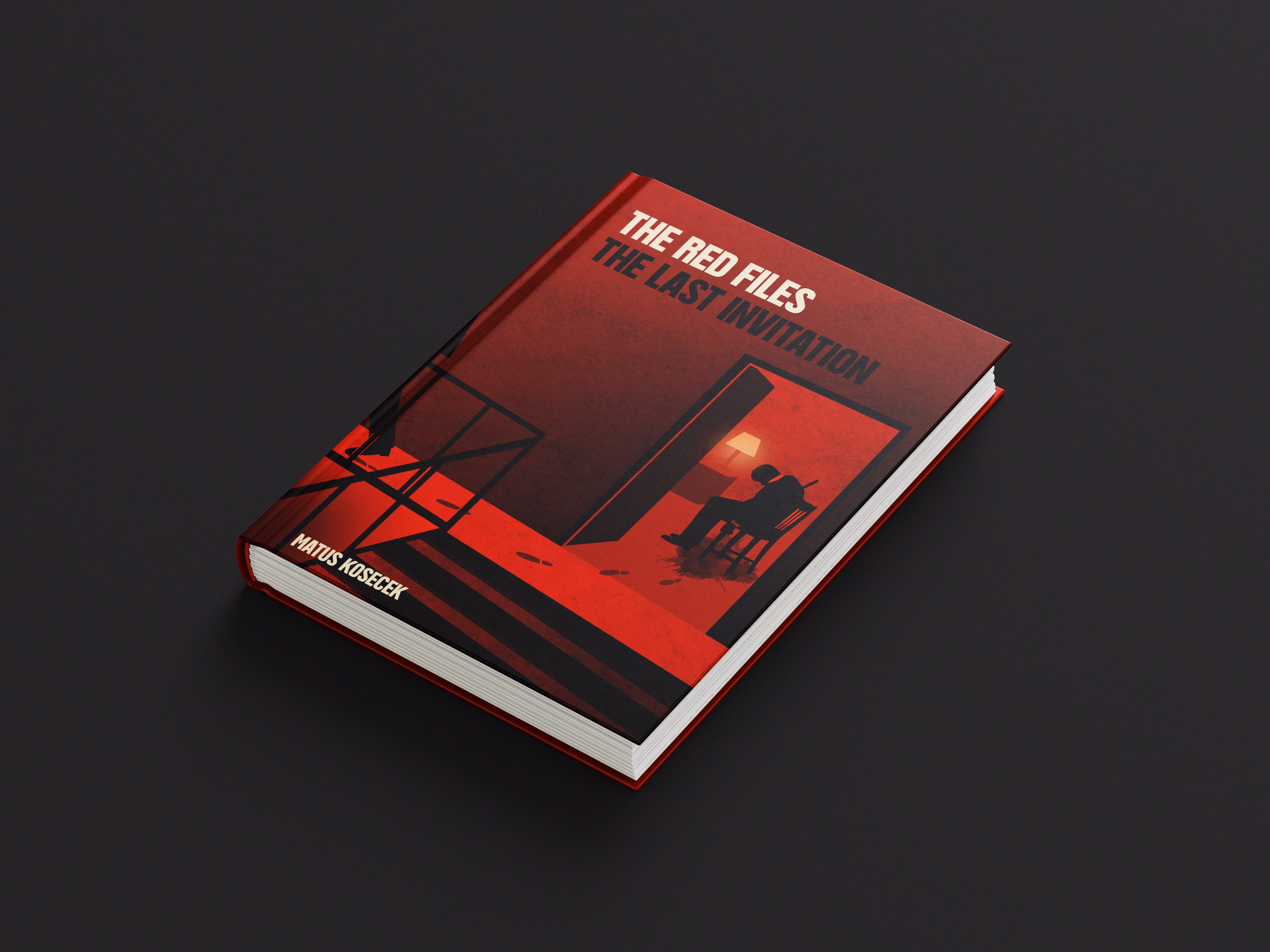 Closed book titled 'The Red Files: The Last Invitation' by Matus Kosecek with a cover illustration of a person sitting in a chair in a dimly lit red-hued room with a lamp and an open door.
