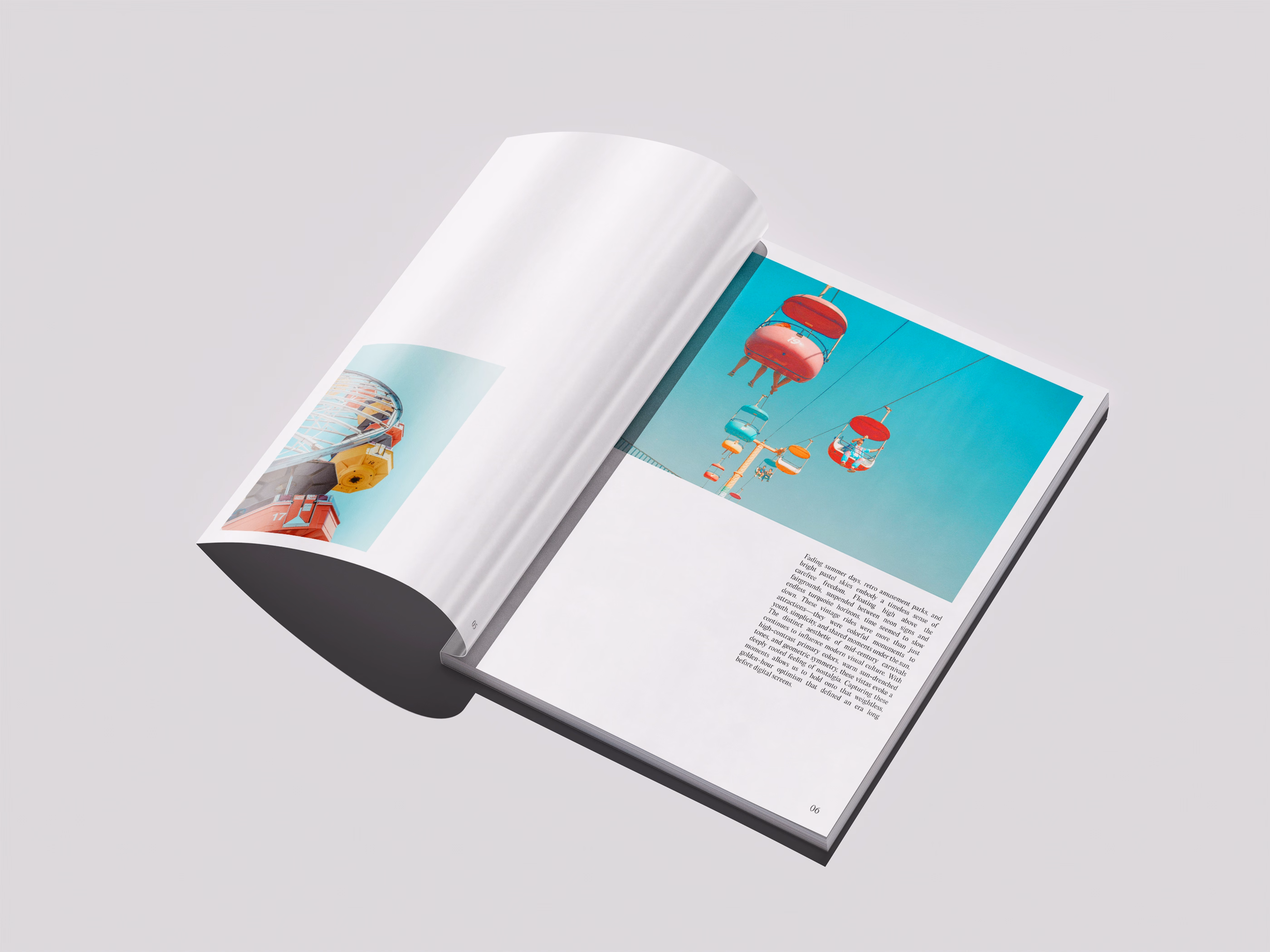 Open magazine showing two pages with photographs of colorful amusement park rides against a clear blue sky and a block of printed text below one photo.
