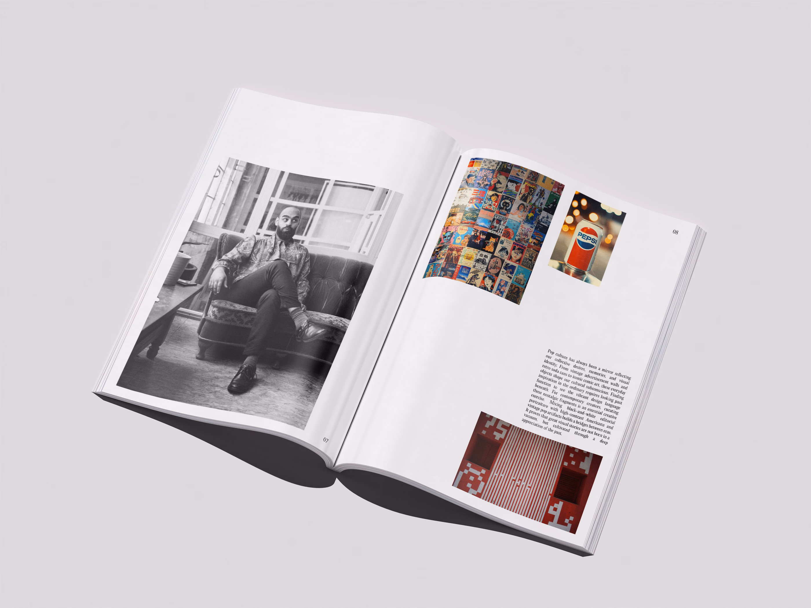 Open magazine showing a black-and-white photo of a man with a beard sitting on a couch on the left page, and on the right page, three colorful images including vintage-style posters, a Pepsi drink, and a red-striped design with text block below them.