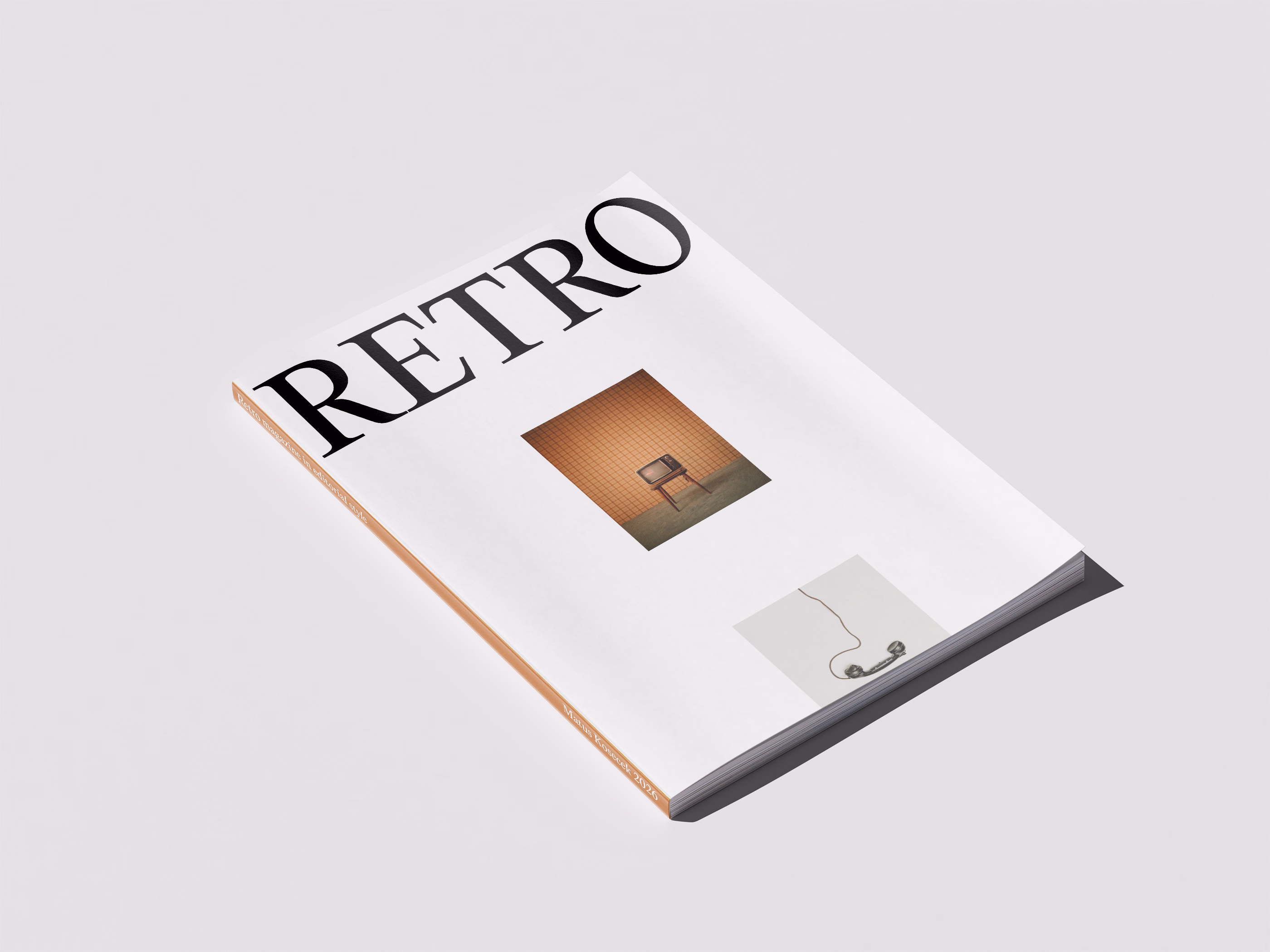 Magazine titled 'RETRO' with a cover featuring a vintage television on a stand in a tiled room and a pair of wired earbuds on a separate light gray background.