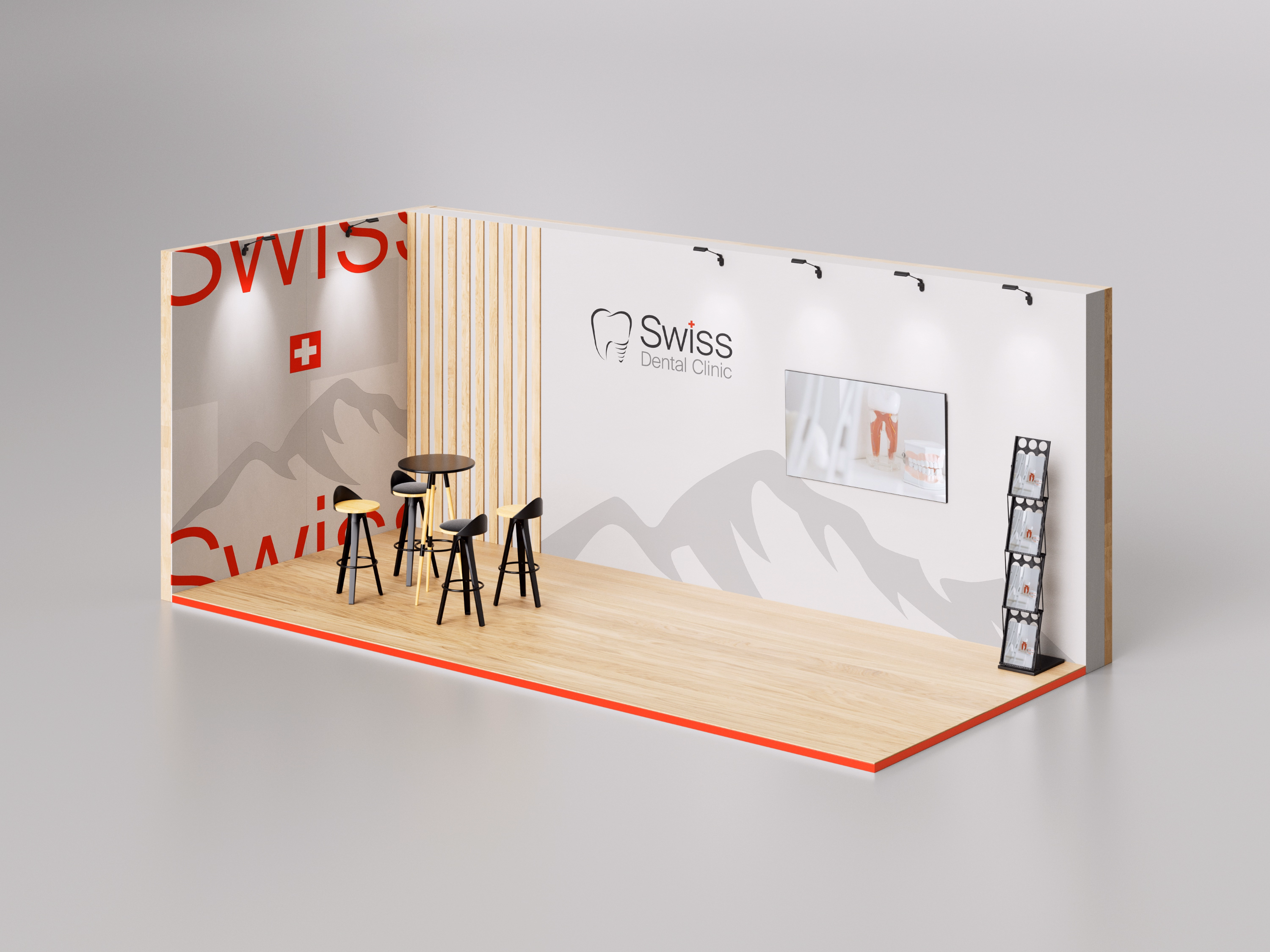 Modern Swiss Dental Clinic exhibition booth with white walls featuring a tooth logo and mountain silhouette, a TV screen, seating area with tall chairs and a small table, and a brochure stand, all set on a light wood floor with red trim.