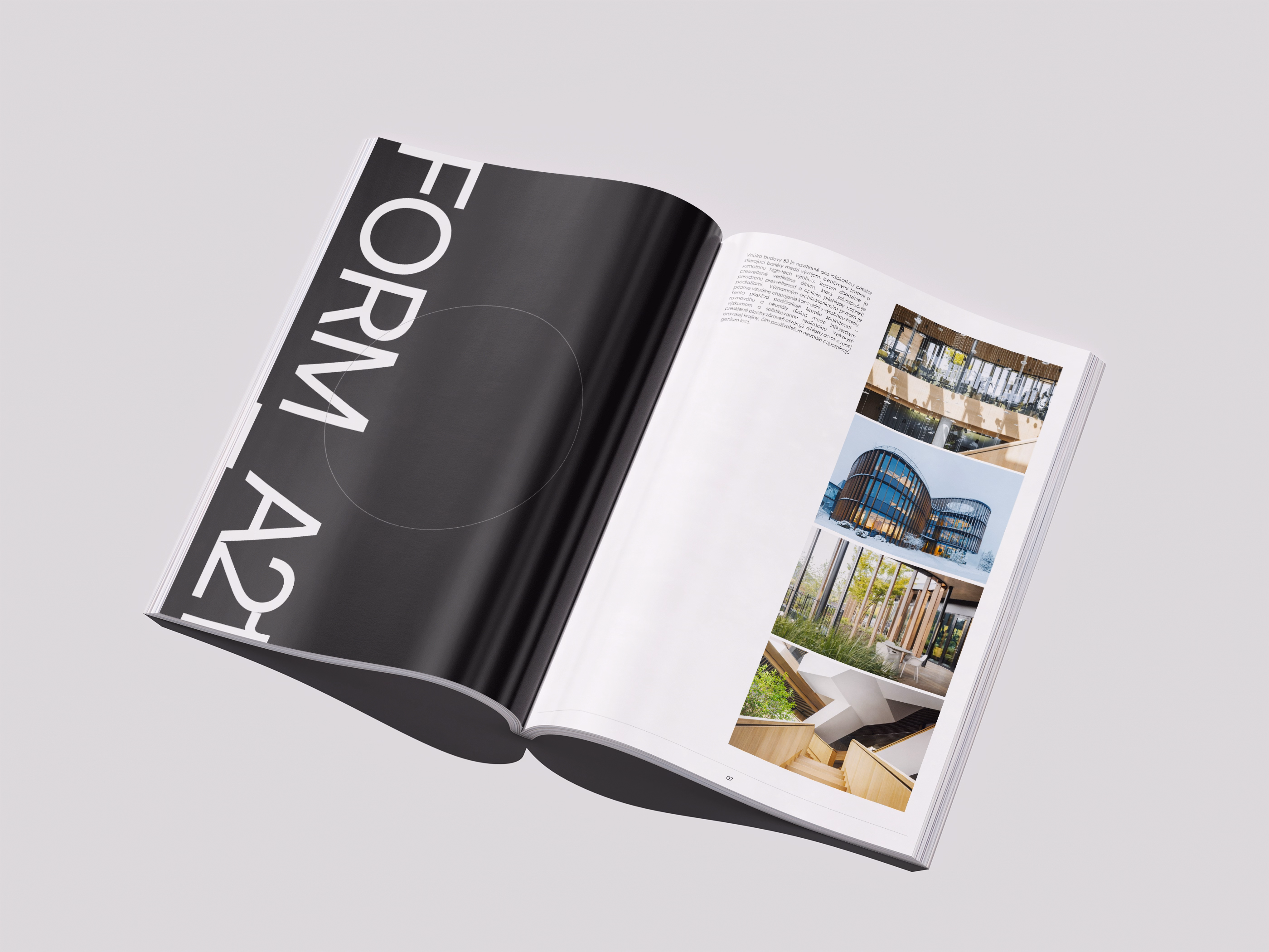 Open magazine showing two pages, the left page mostly black with large white letters spelling FORM A2 and the right page with a column of four architectural photos and a block of text above them.