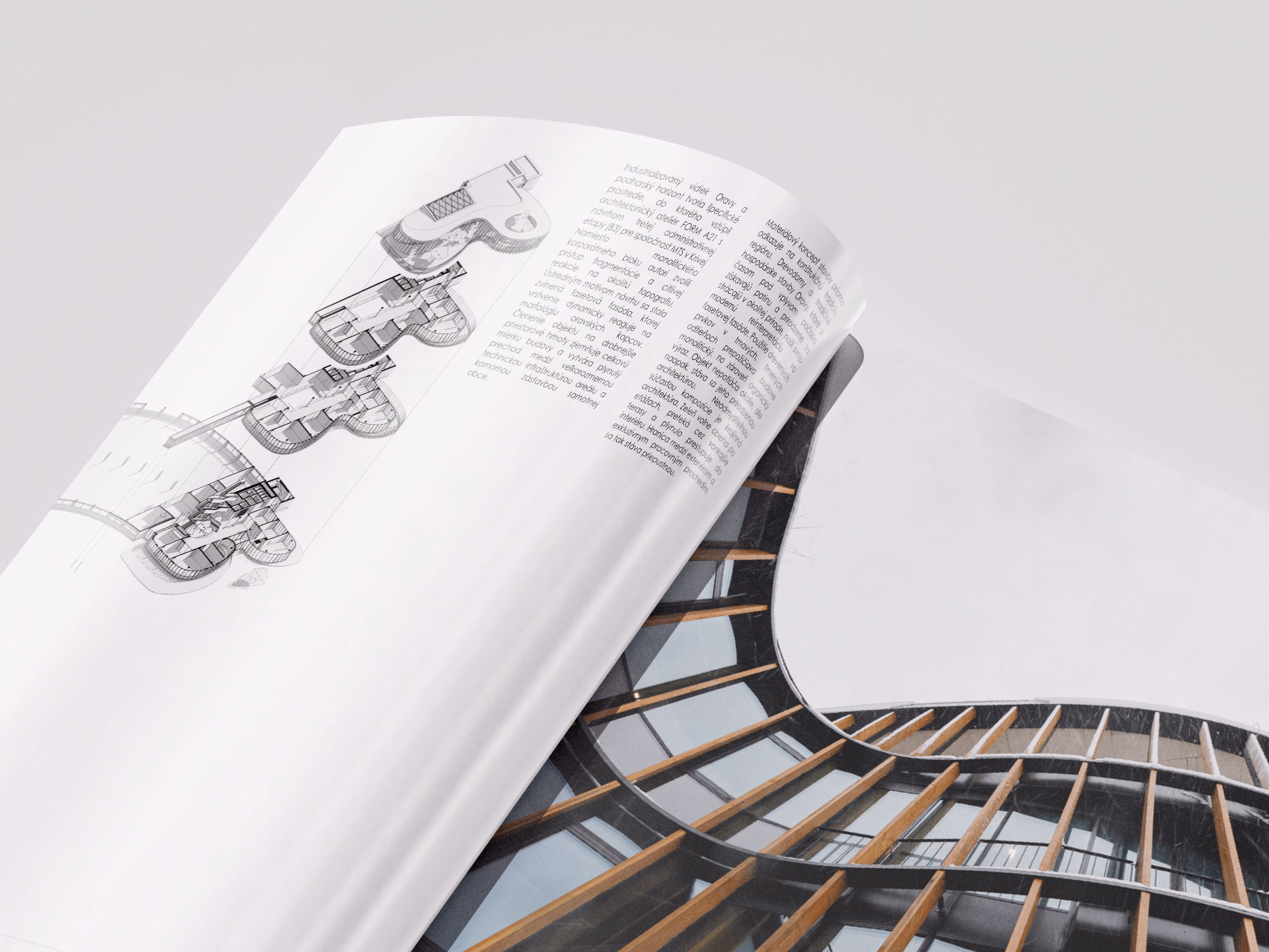 Open magazine showing an architectural design sketch on the left page and a photo of a modern building with curved wooden beams and large windows on the right page.