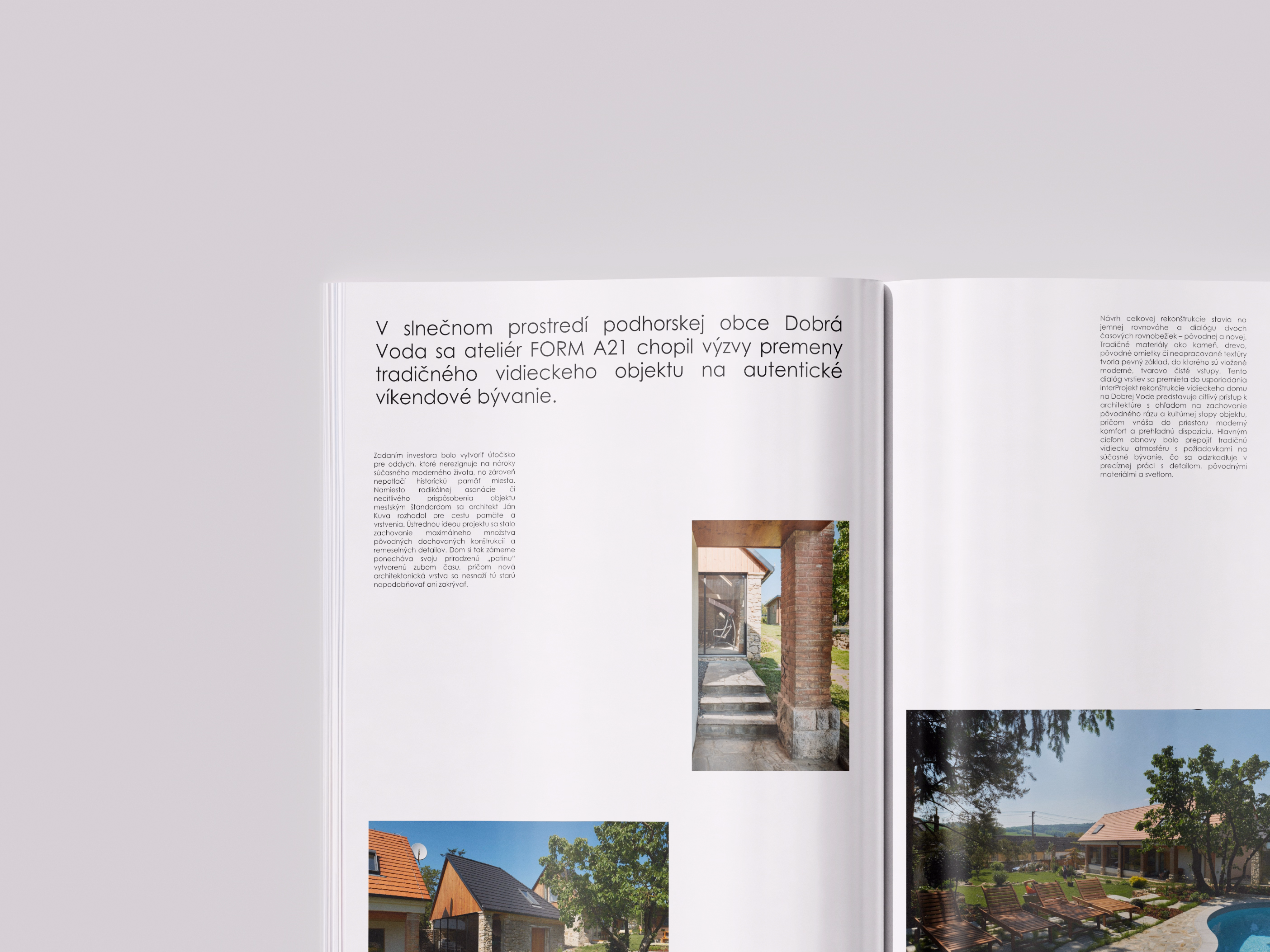 Open magazine spread with Slovak text and three photos: entrance of a building with brick column and glass door, a house with a red roof behind a tree, and a yard with sun loungers and trees.