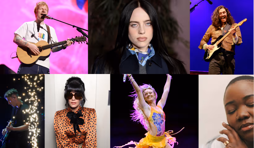 Collage of six musicians including a male guitarist singing, a female singer, a guitarist, and others performing or posing.