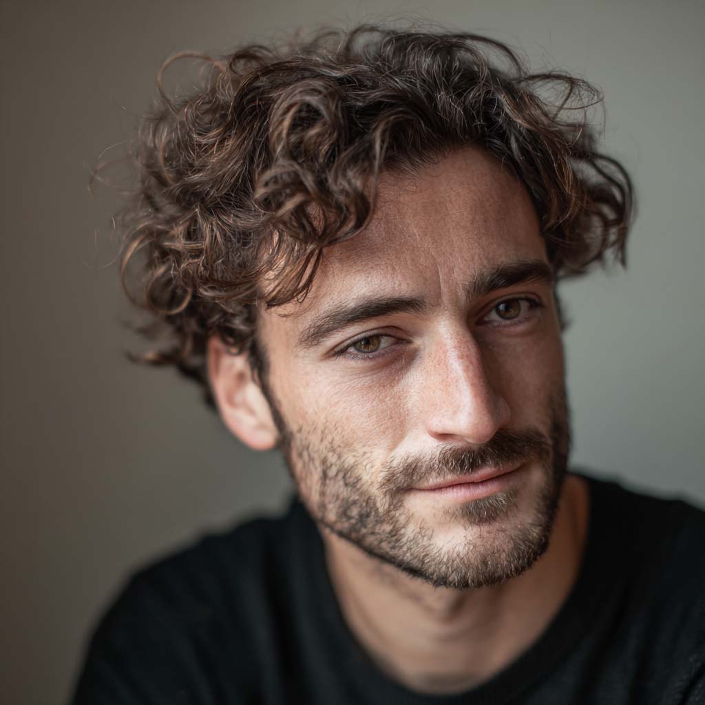 A headshot of a man with curly hair in a black shirt