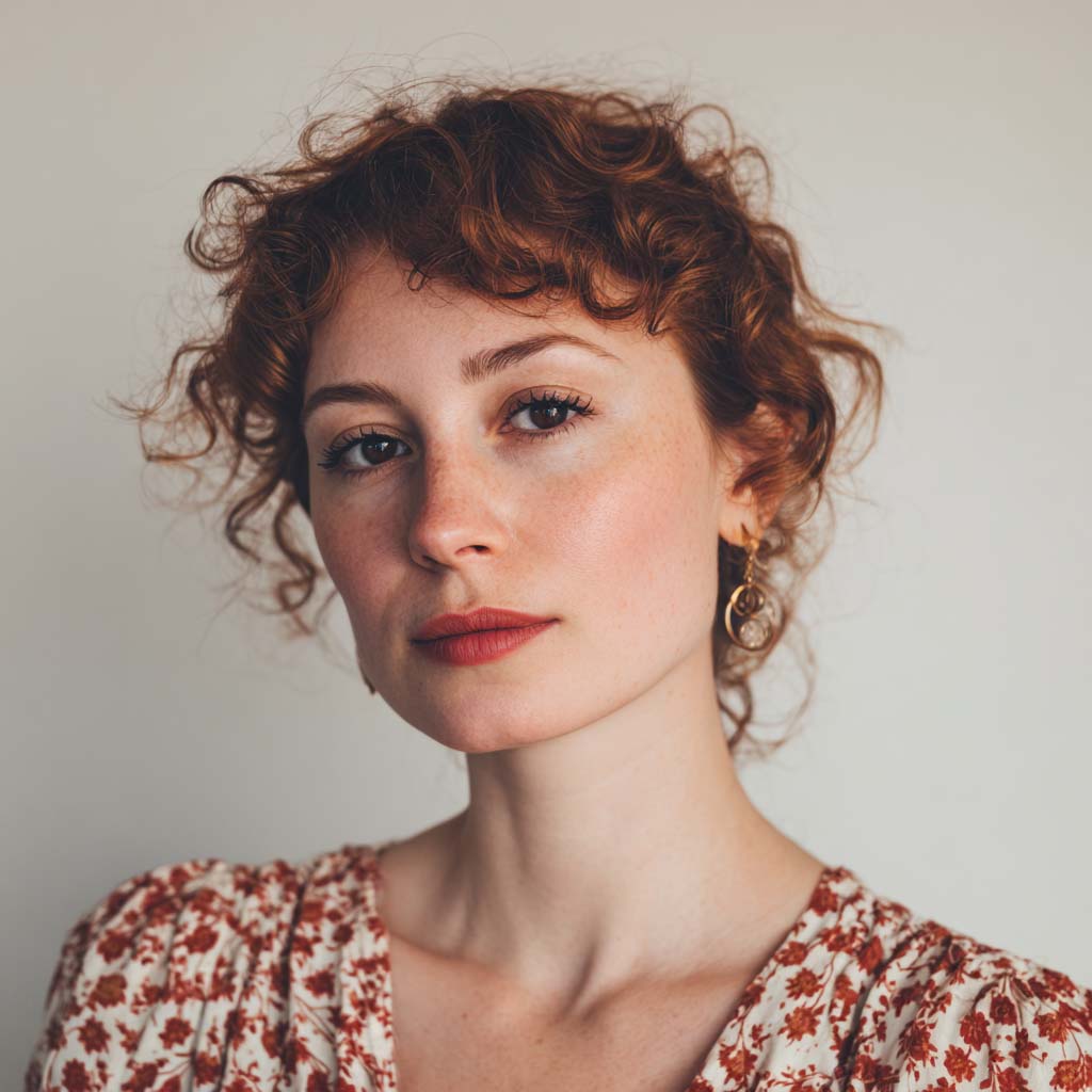 A headshot of a woman with curly hair