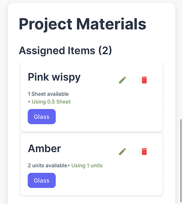 A screenshot of project materials section