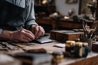 A man working on a leather wallet