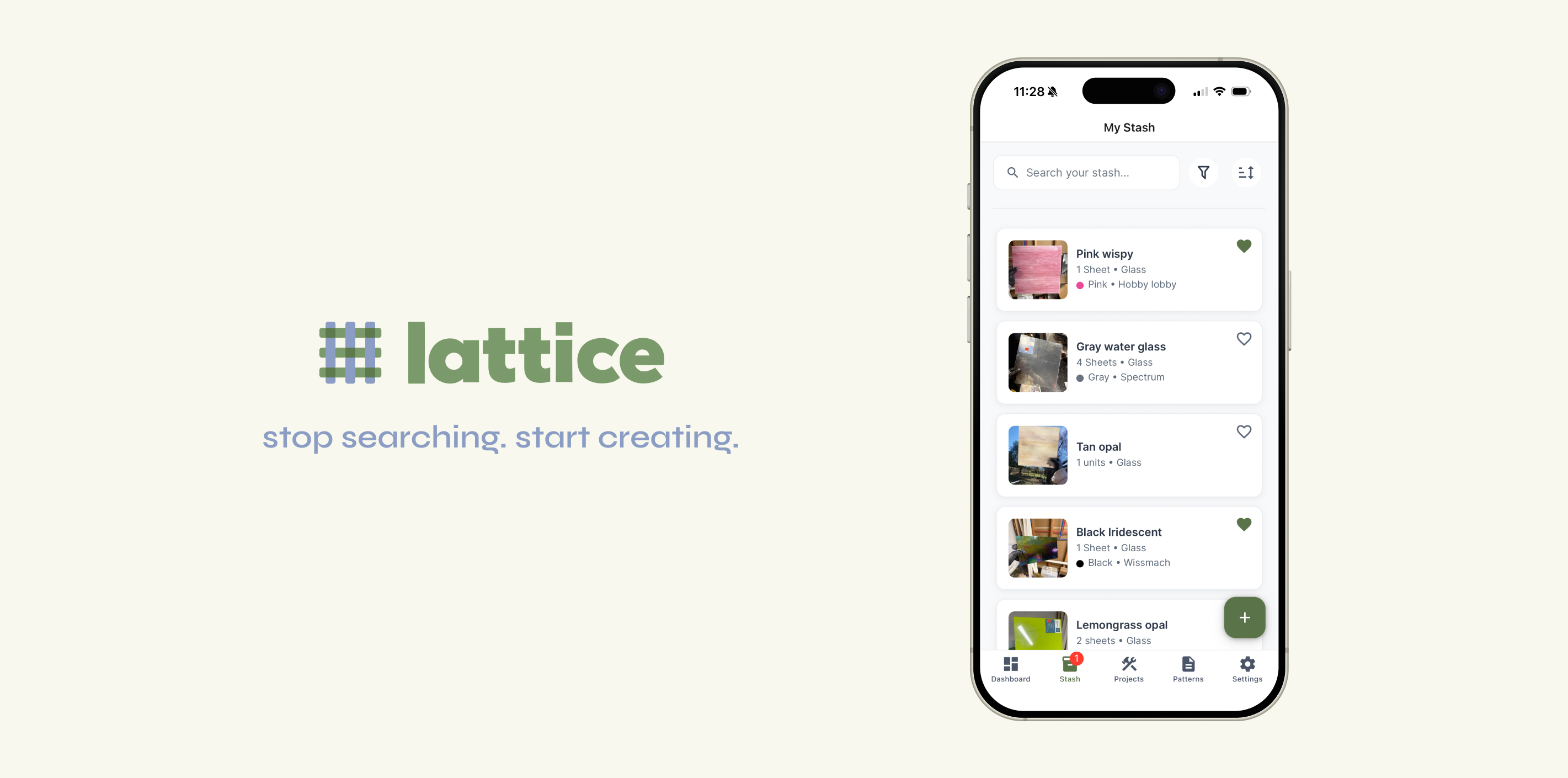 Screenshot of the Lattice app interface on a smartphone showing a stash list with glass sheets of various colors and an app logo with the text 'lattice stop searching. start creating.'