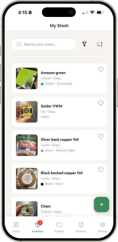 Mobile app screen showing 'My Stash' inventory list with materials like Amazon green glass sheet, Solder VWM, silver back copper foil, black backed copper foil, and chain, plus navigation bar icons at bottom.
