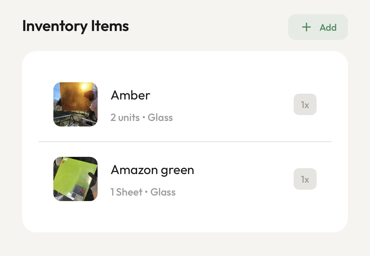 Inventory list showing two glass items: Amber with 2 units and Amazon green with 1 sheet, each with a thumbnail image.