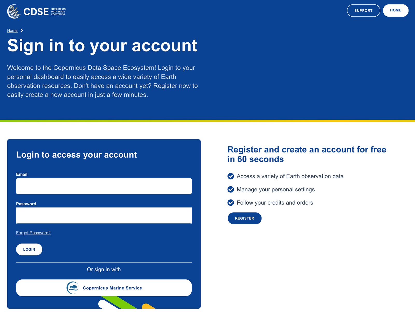 Copernicus sign-in page with the Register button