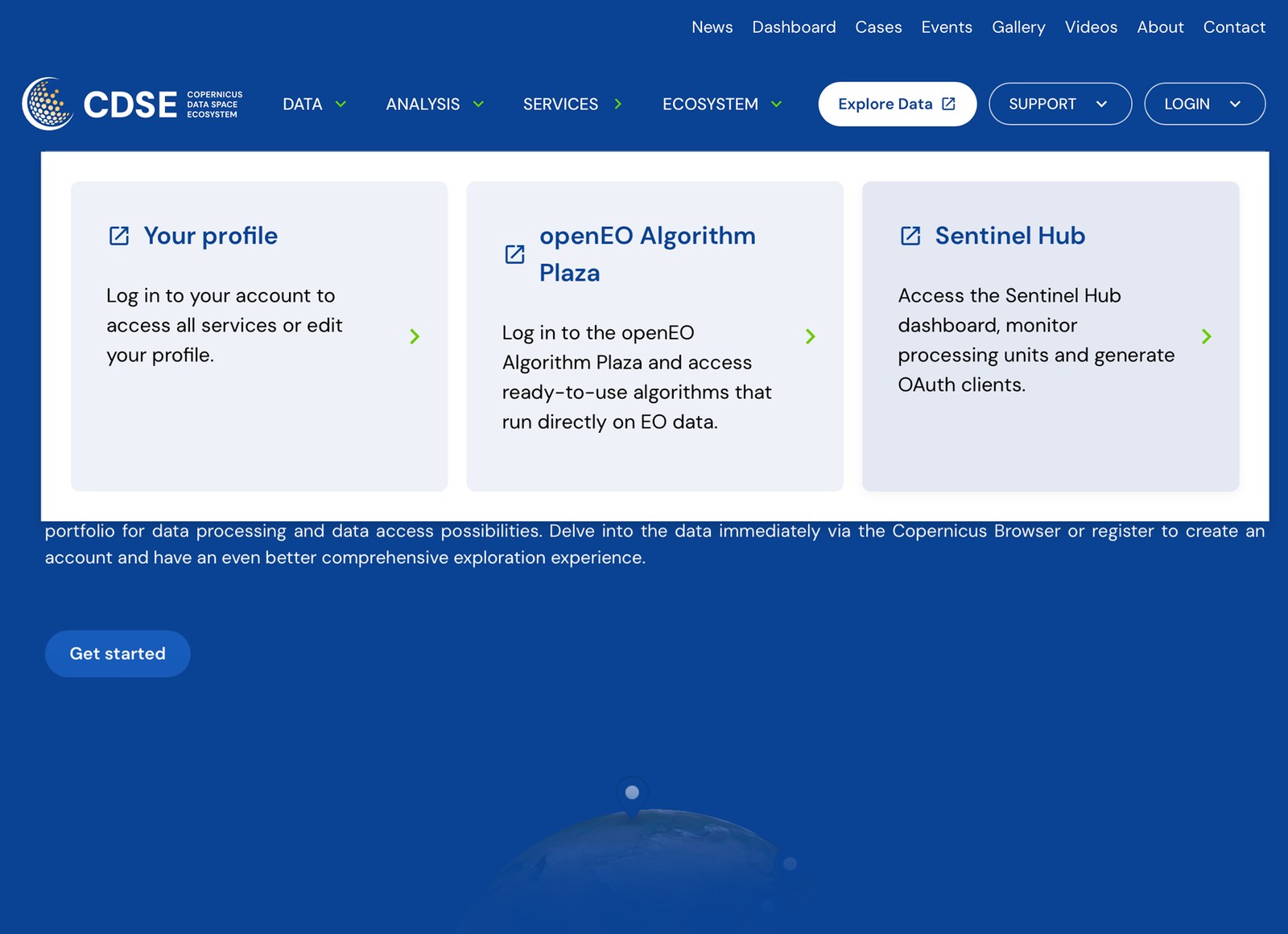 Copernicus Login menu with Sentinel Hub
