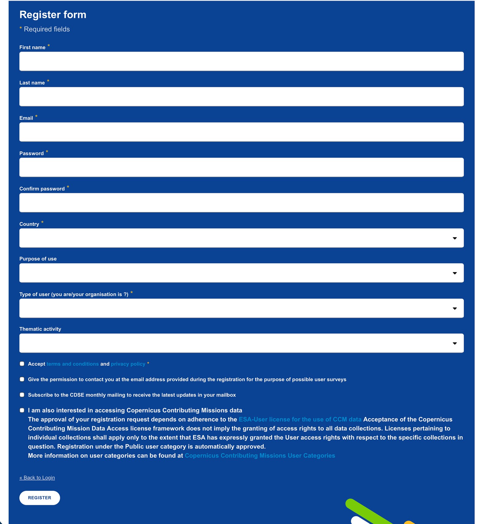 Copernicus registration form