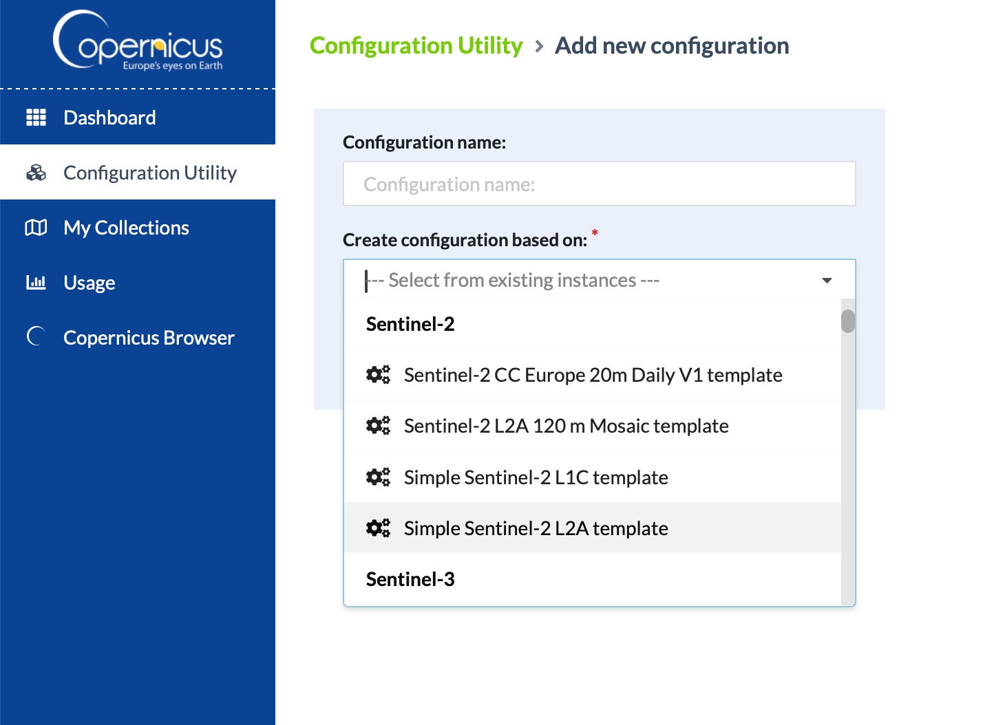 Template dropdown with Simple Sentinel-2 L2A template highlighted
