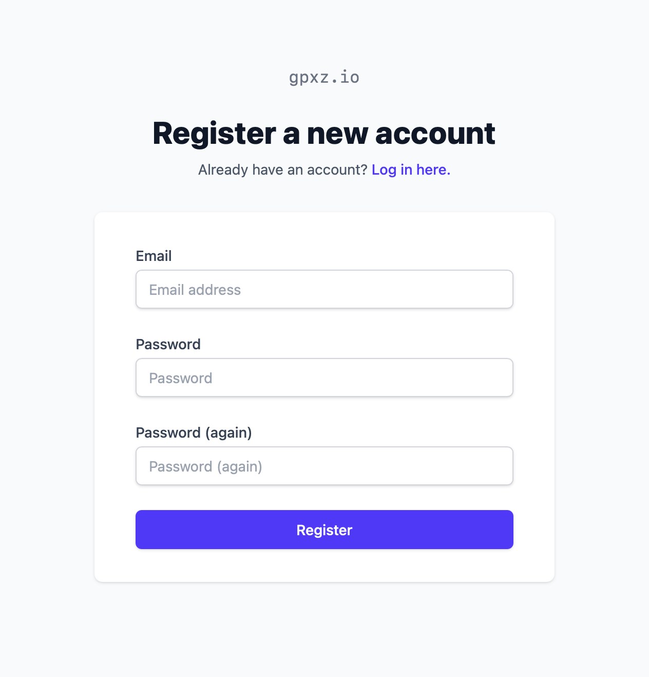 GPXZ Register a new account form