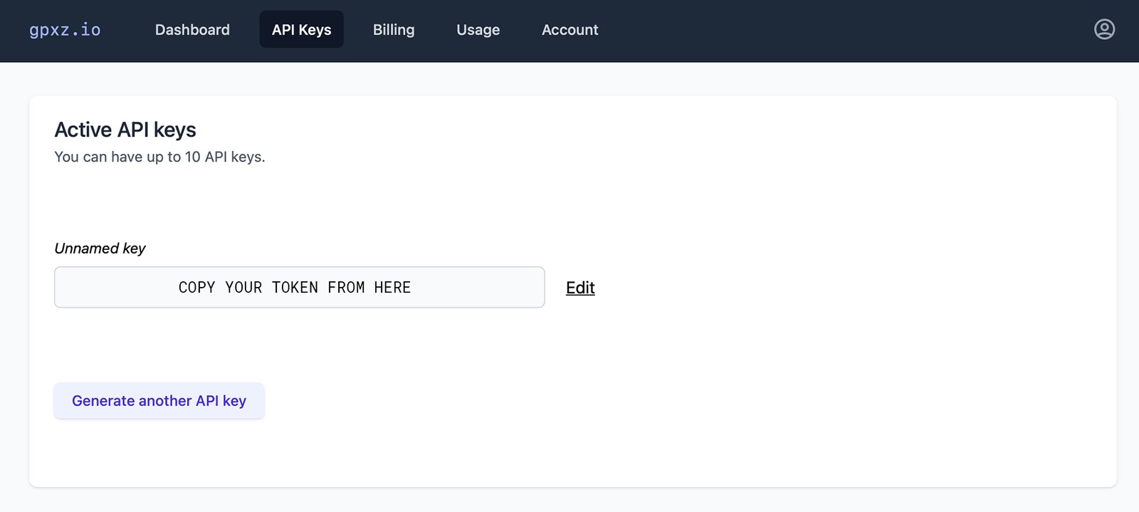 GPXZ Active API keys page