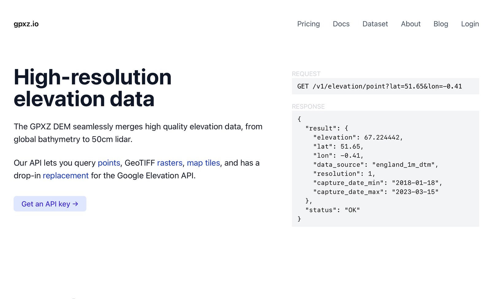 GPXZ home page with Get an API key