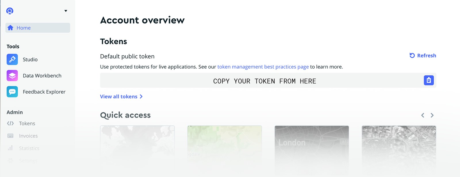 Mapbox Account overview with the Default public token and its copy button