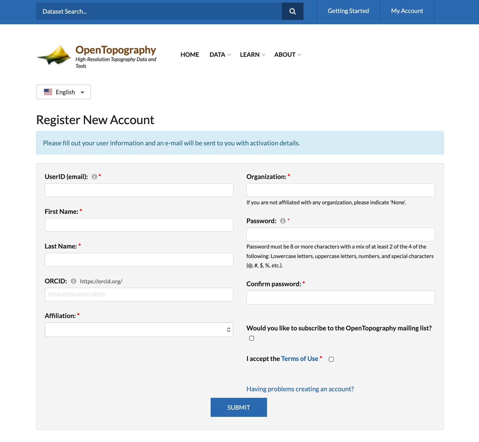 OpenTopography Register New Account form