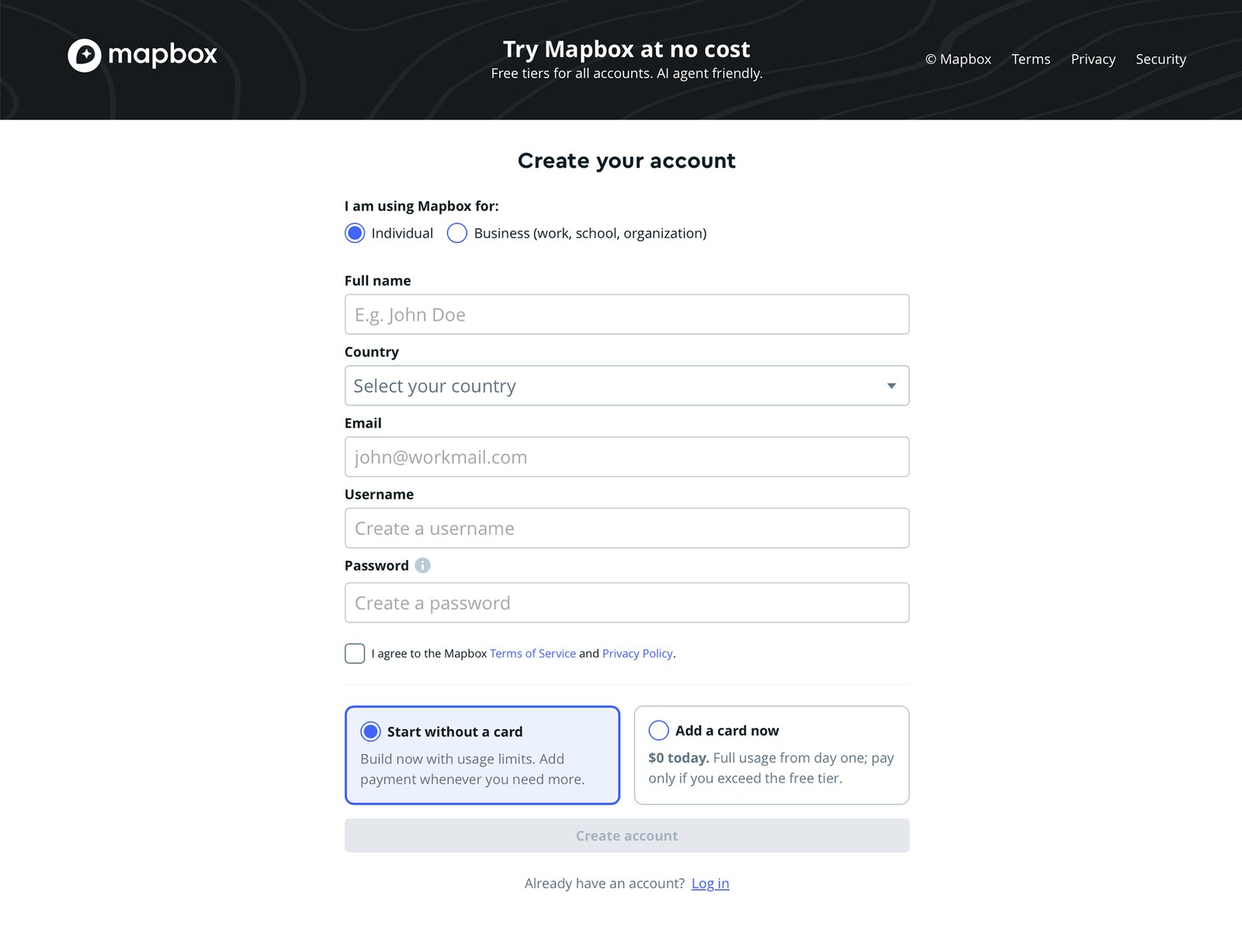 Mapbox Create your account form, Start without a card selected