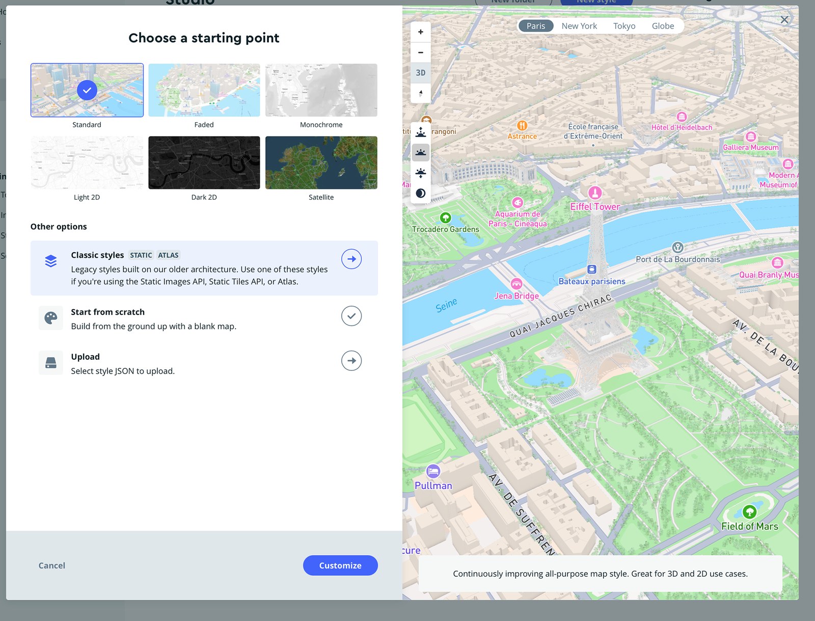 Choose a starting point dialog, with Classic styles under Other options