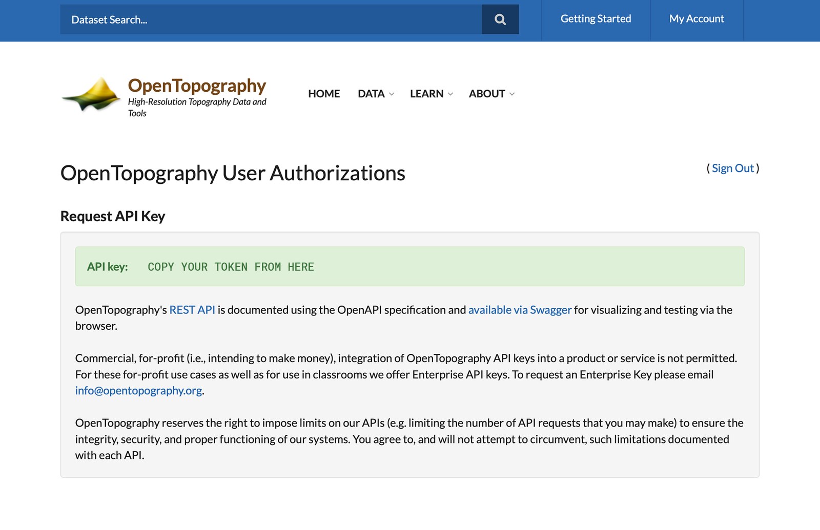 OpenTopography API key shown in the green box