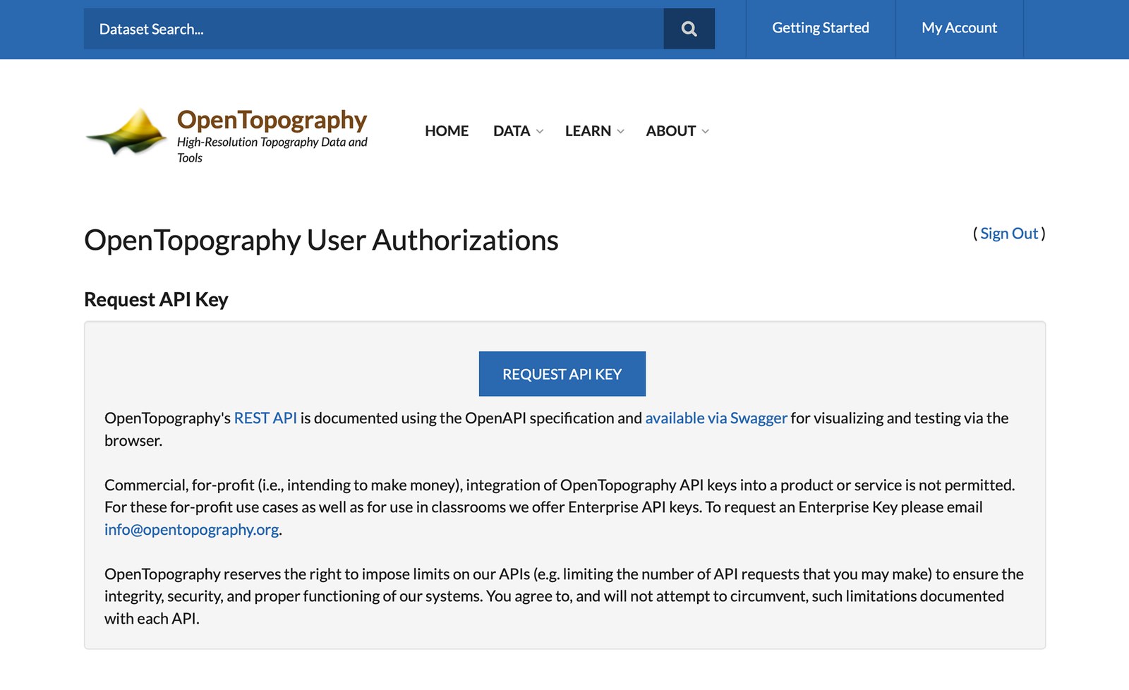 OpenTopography User Authorizations page with Request API Key
