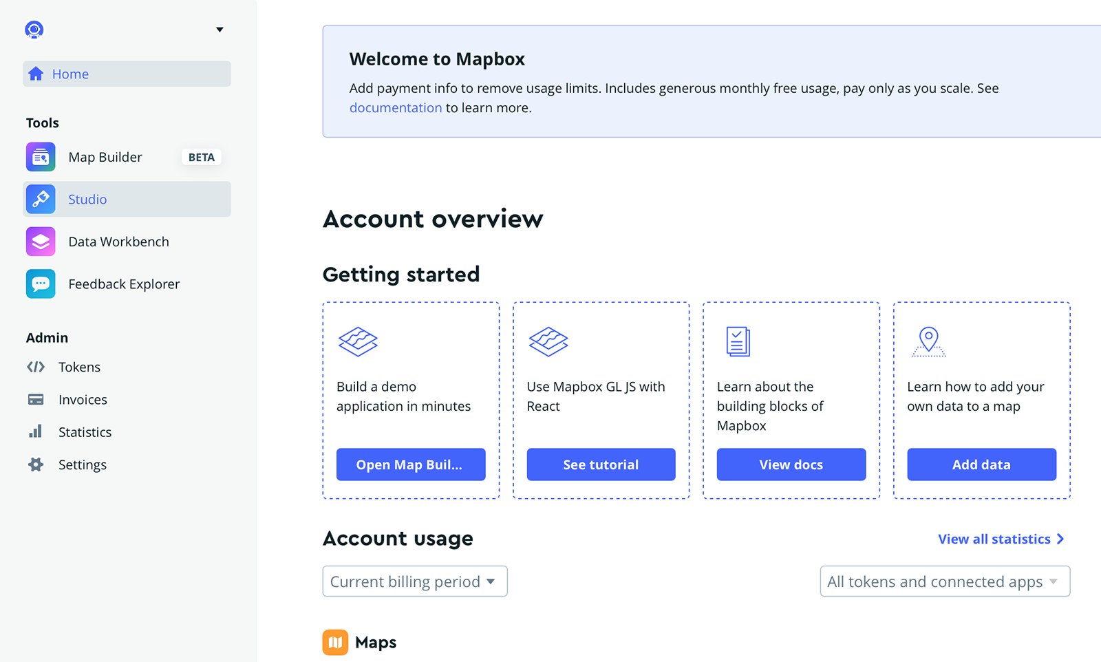Mapbox account page with Studio in the sidebar