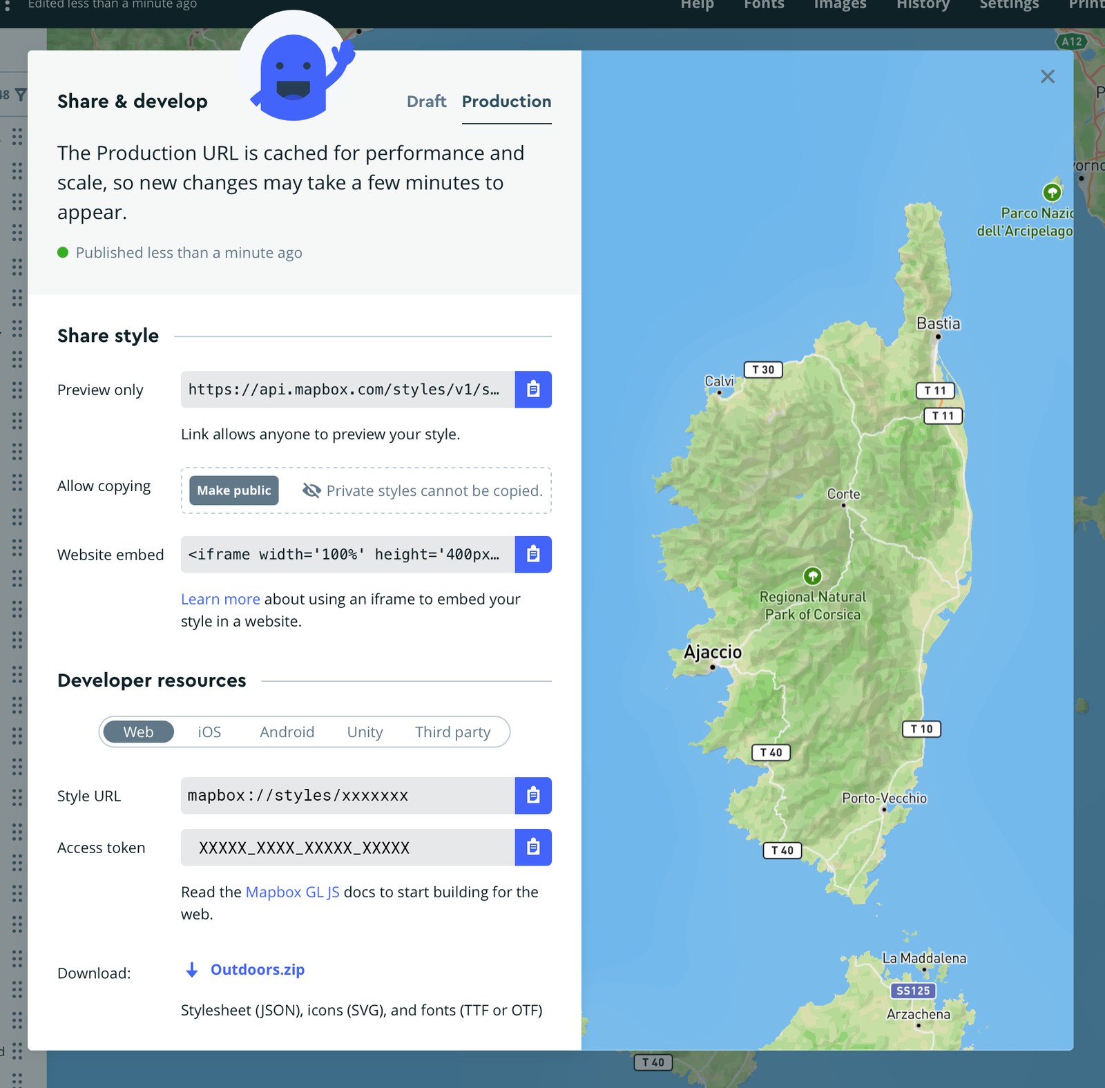 Share and develop panel, Production tab, with the Style URL and its copy button