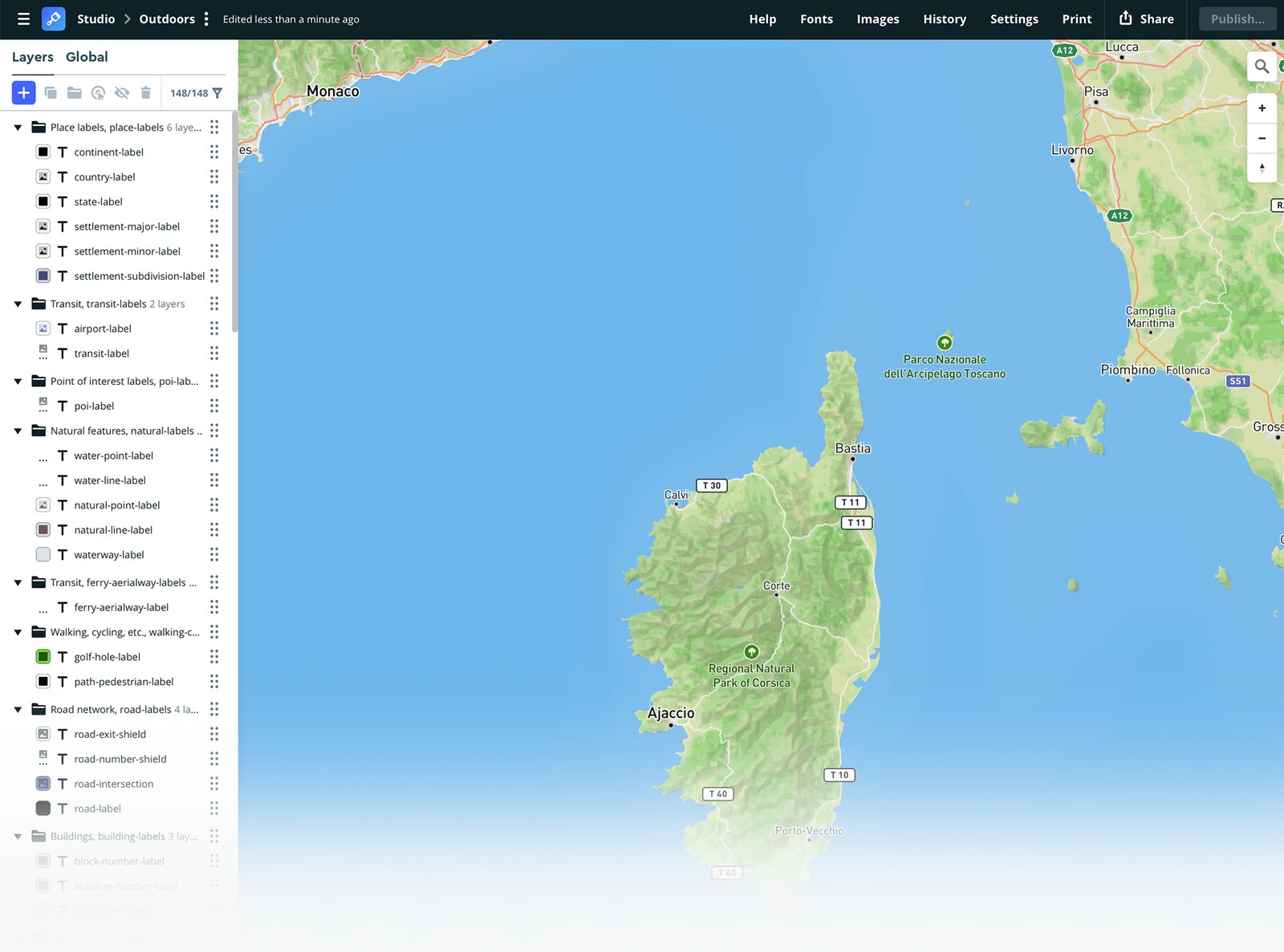 The Mapbox Studio editor with its layer list
