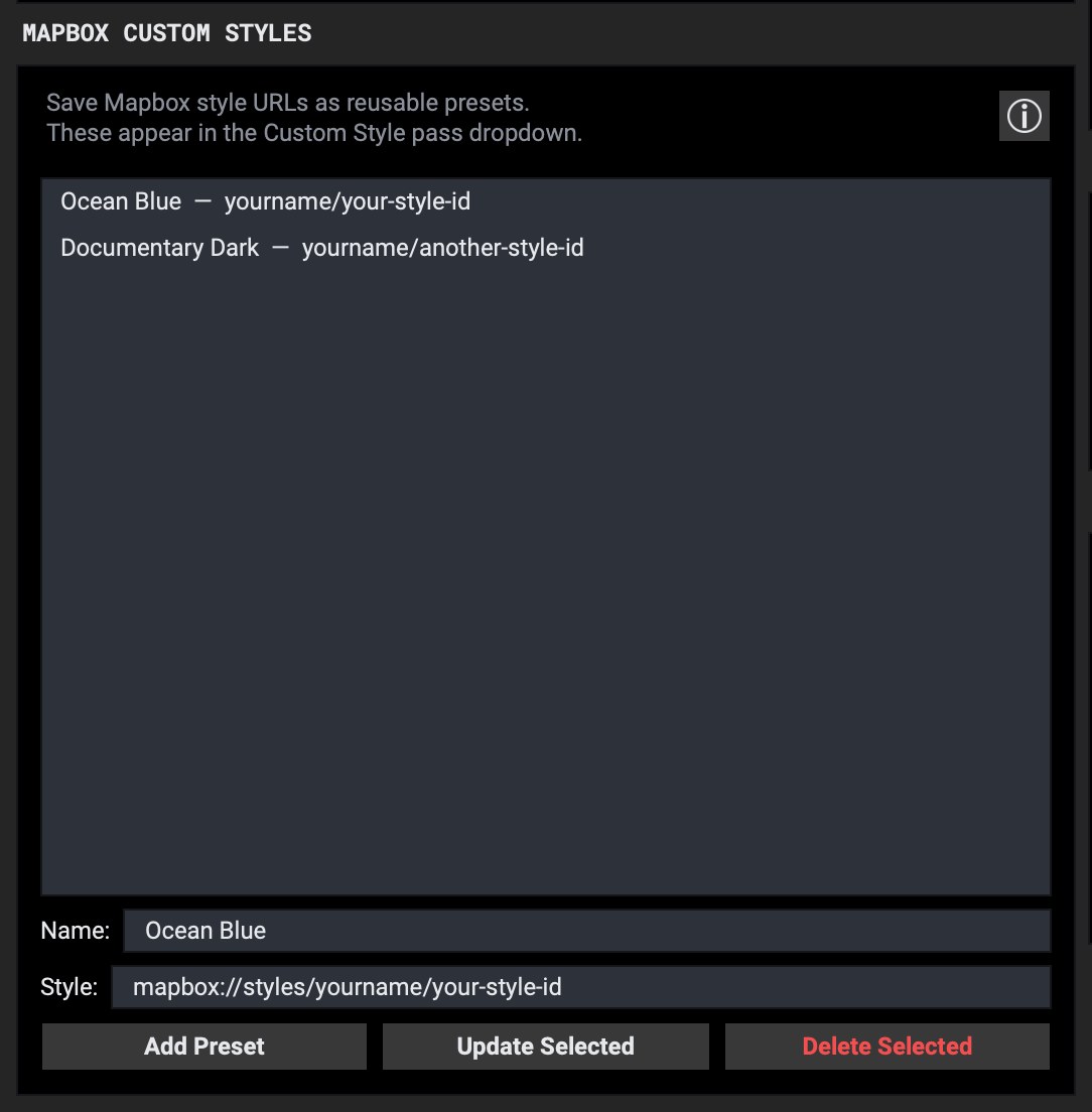 TerrainStudio Mapbox Custom Styles box with two example presets
