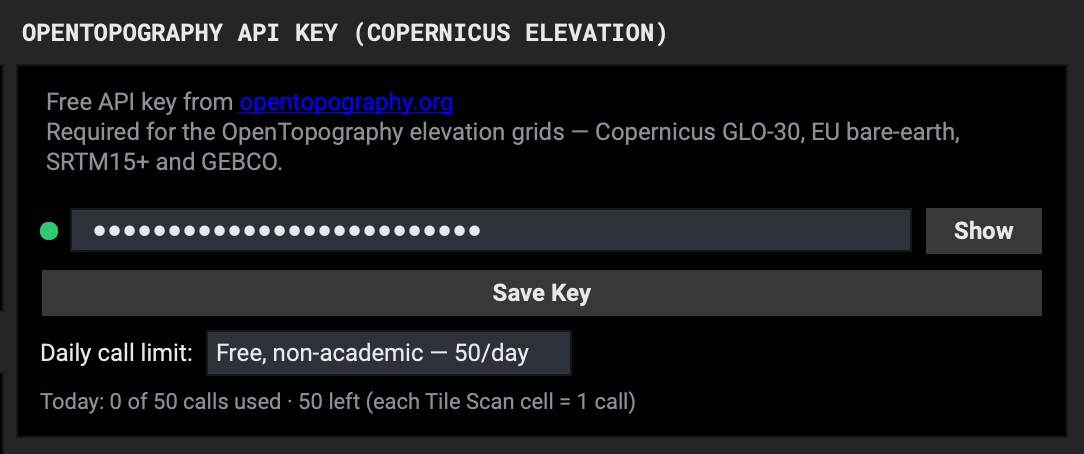 TerrainStudio OpenTopography box with the daily call counter