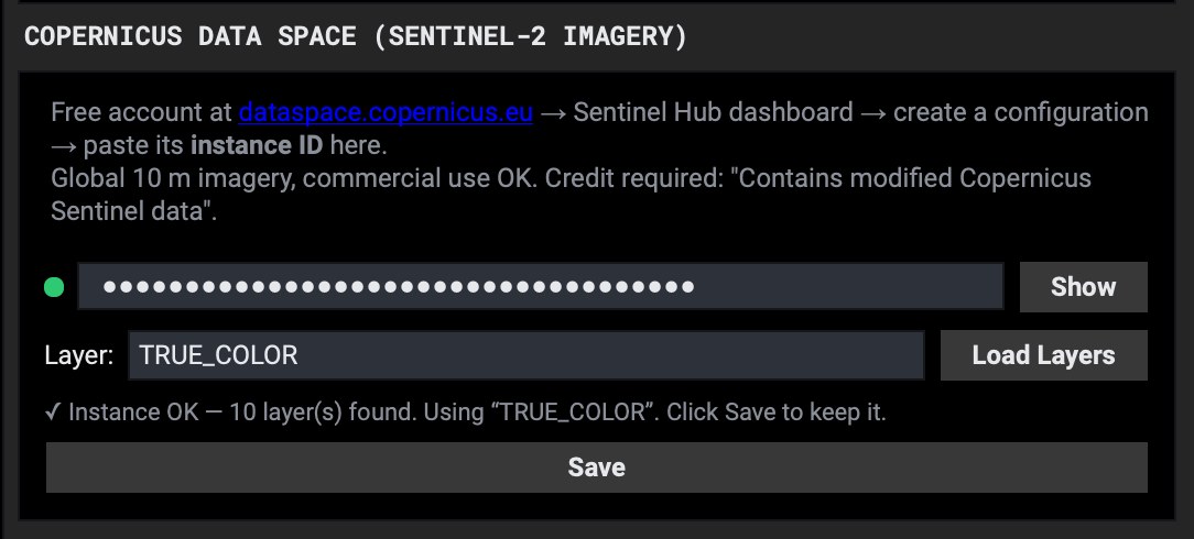 TerrainStudio Copernicus box after Load Layers, showing Instance OK