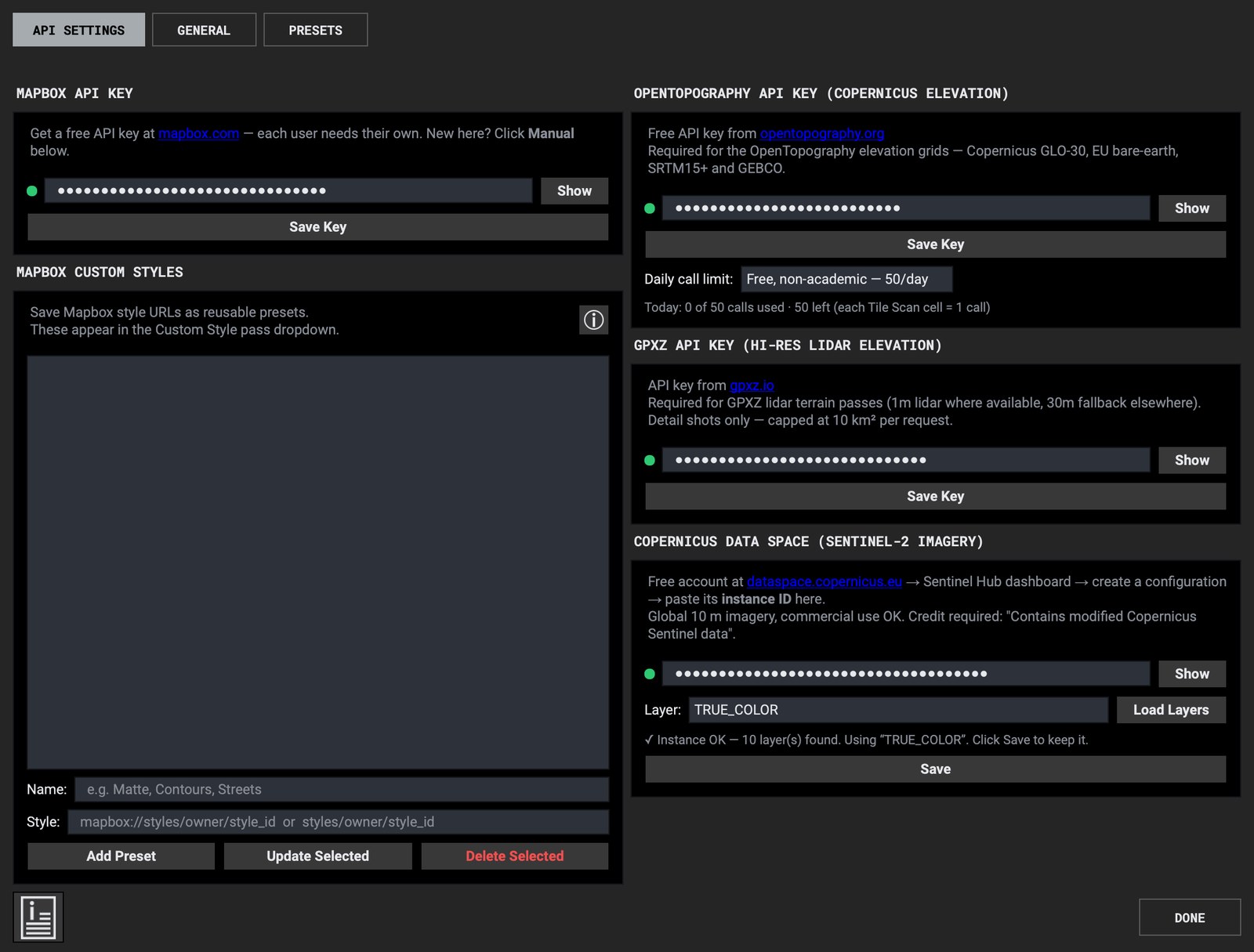 TerrainStudio Settings, API SETTINGS tab, with a box for each of the four accounts