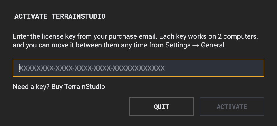 TerrainStudio activation screen with the license key field