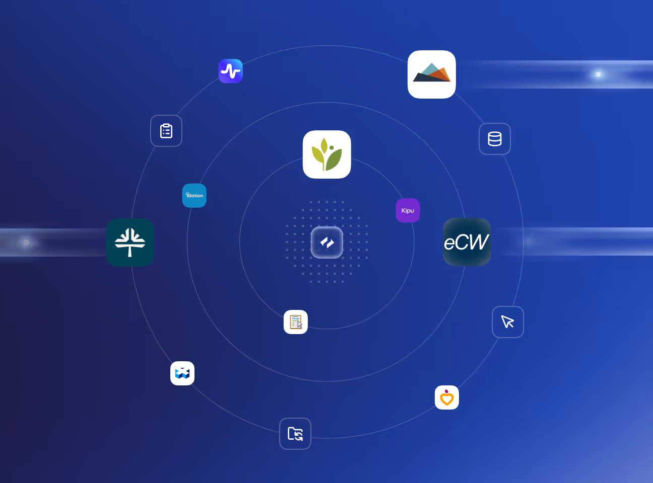 Graphic of multiple healthcare software icons arranged in concentric circles on a blue gradient background, representing touchless integration.