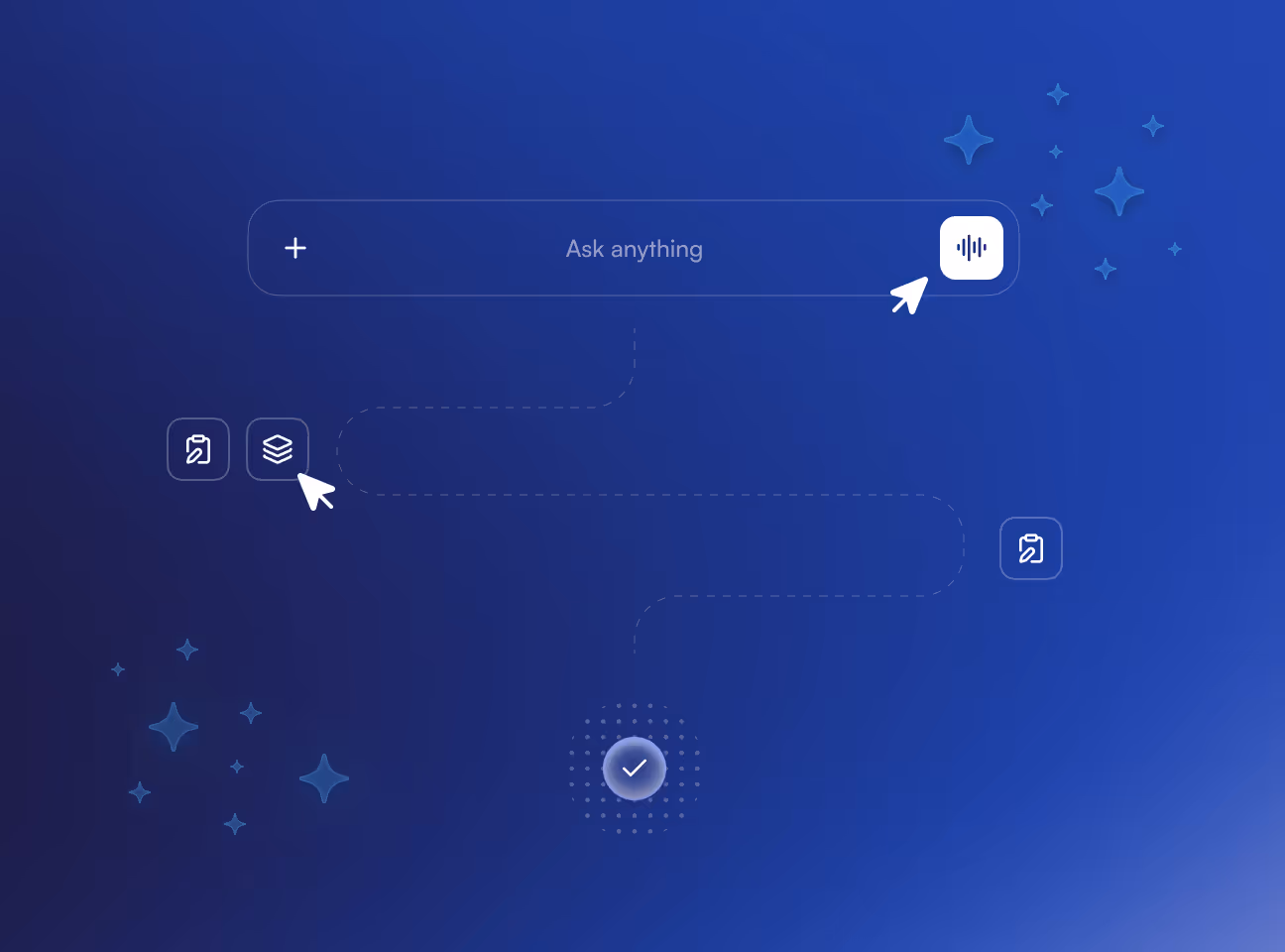 Dark blue interface with a search bar labeled 'Ask anything,' several icons including a plus, a stack, and a microphone, connected by dotted lines and surrounded by decorative star shapes.