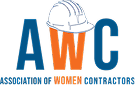 Logo of AWC Association of Women Contractors with a white construction helmet above the letter W.